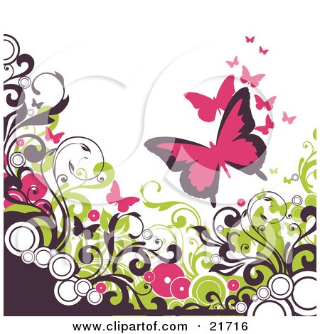 Nature Clipart Picture Illustration of Pink Butterflies Fluttering Over Circles And Brown And Green Vines Scrolling Over A White Background by OnFocusMedia