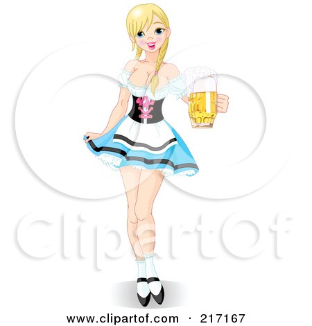 Royalty-Free (RF) Clipart Illustration of a Sexy Oktoberfest Maiden In A Short Skirt, Serving Beer by Pushkin