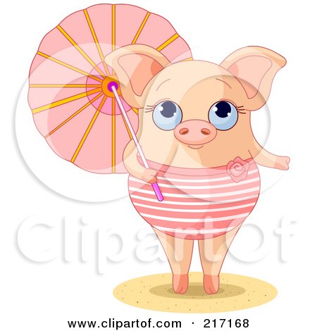 Royalty-Free (RF) Clipart Illustration of a Cute Summer Piglet In A Swimsuit, Holding A Parasol by Pushkin