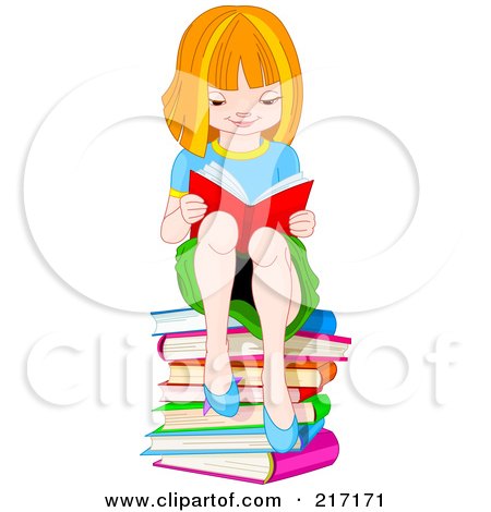 Royalty-Free (RF) Clipart Illustration of a Red Haired School Girl Sitting On A Stack Of Books And Reading by Pushkin