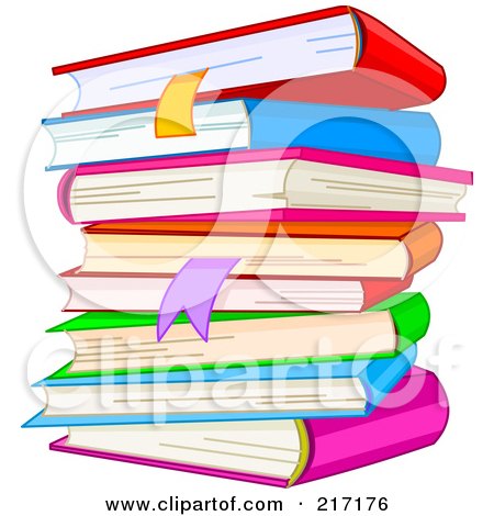 Royalty-Free (RF) Clipart Illustration of a Stack Of Text Books And Bookmarks by Pushkin