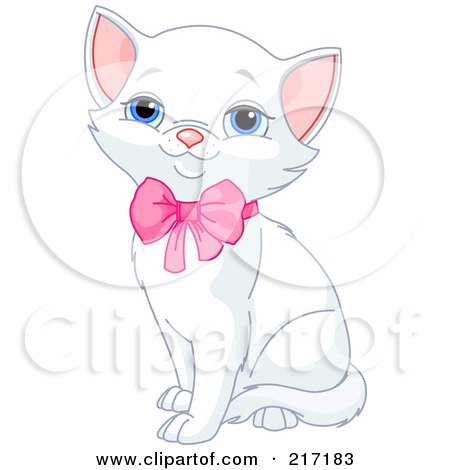 Royalty-Free (RF) Clipart Illustration of a Cute White Kitten Sitting With A Pink Bow On His Neck by Pushkin