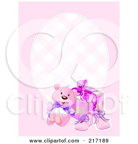 Royalty-Free (RF) Clipart Illustration of a Pink Girl Background With A Teddy Bear, Shoes And Present by Pushkin
