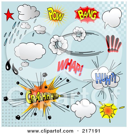 Royalty-Free (RF) Clipart Illustration of a Digital Collage Of Comic Sound Clouds On Blue - 2 by Pushkin