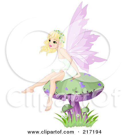 Royalty-Free (RF) Clipart Illustration of a Pretty Blond Fairy Sitting On A Mushroom by Pushkin