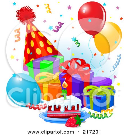Royalty-Free (RF) Clipart Illustration of Confetti Falling Over Presents, Balloons, Cake And A Party Hat by Pushkin