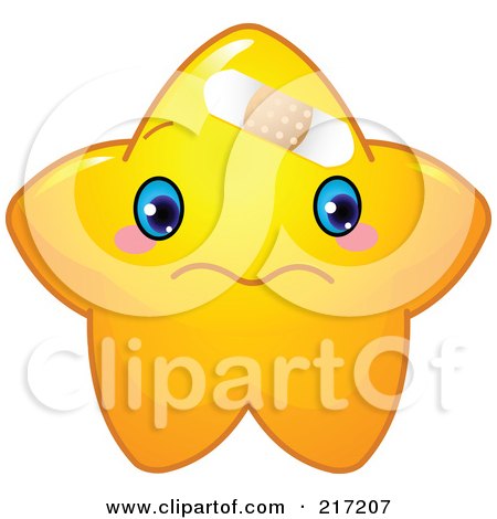 Royalty-Free (RF) Clipart Illustration of a Cute Yellow Star Character Bandaged by Pushkin