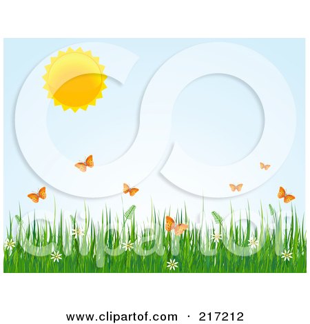 Royalty-Free (RF) Clipart Illustration of a Sun In A Pastel Blue Sky Over Orange Butterflies, Grass And Flowers by Pushkin