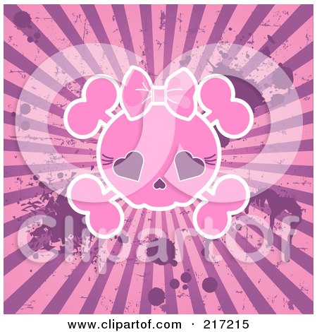 Royalty-Free (RF) Clipart Illustration of a Grungy Pink Female Skull On A Splattered Burst Background by Pushkin