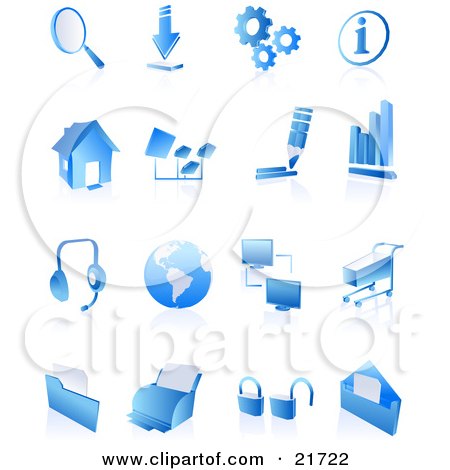 Clipart Picture Illustration of a Collection Of Blue 3D Internet Icons On A Reflective White Background by Tonis Pan