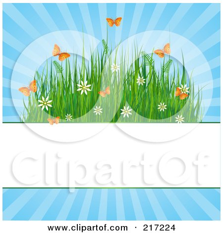 Royalty-Free (RF) Clipart Illustration of a Blank White Bar With Grasses, Flowers And Butterflies On Blue by Pushkin