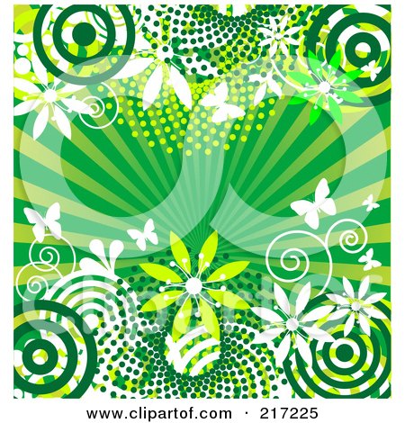 Royalty-Free (RF) Clipart Illustration of a Green Burst Background Witih Circles, Flowers, Bursts And Butterflies by Pushkin