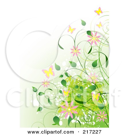 Royalty-Free (RF) Clipart Illustration of a Gradient Green Background With Vines, Flowers And Butterflies by Pushkin