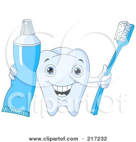 Royalty-Free (RF) Clipart Illustration of a Cute Tooth Character Holding Out Tooth Paste And A Brush by Pushkin