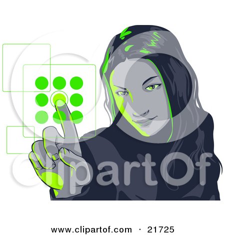 Clipart Picture Illustration of a Young Woman Entering Her Security Code Into A Keypad, Green Tones by Tonis Pan
