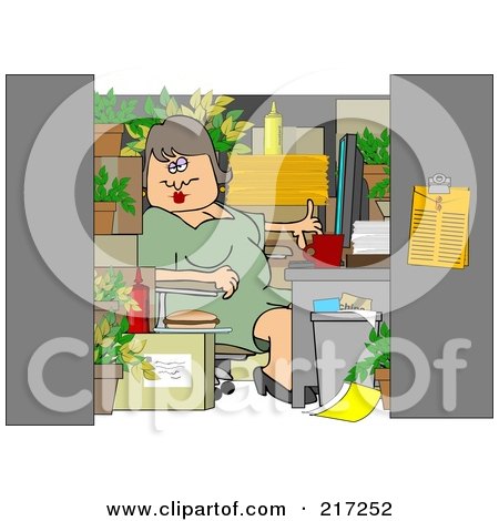 Royalty-Free (RF) Clipart Illustration of a Chubby Woman Working In A Cluttered Cubicle by djart