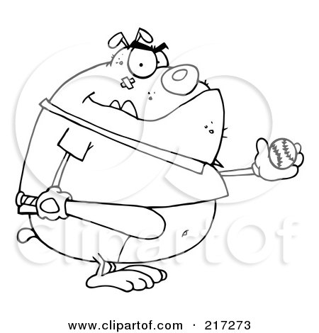 Royalty-Free (RF) Clipart Illustration of an Outlined Fat Bulldog Wearing A Shirt And Playing Baseball by Hit Toon