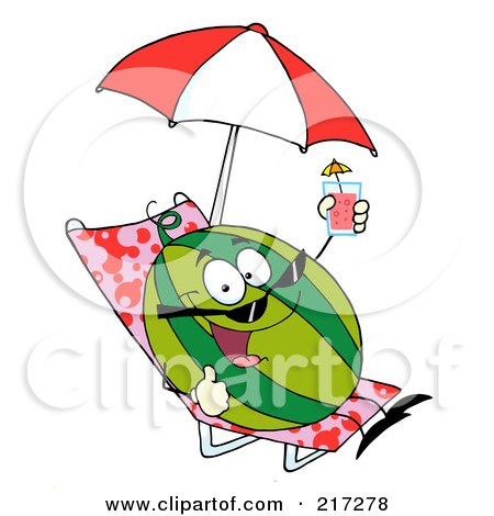 Royalty-Free (RF) Clipart Illustration of a Happy Watermelon Holding Up A Cocktail And Sun Bathing by Hit Toon