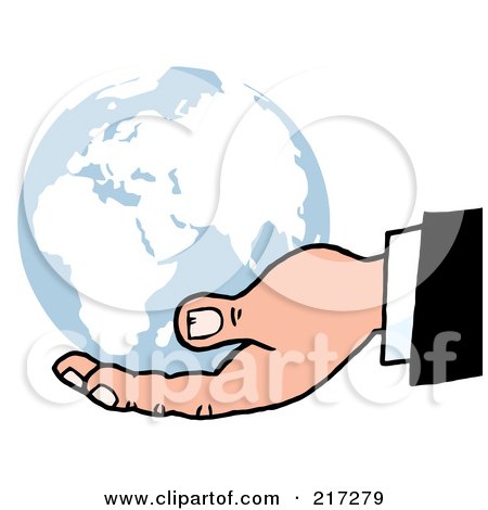 Royalty-Free (RF) Clipart Illustration of a Caucasian Hand Holding A Blue Globe by Hit Toon