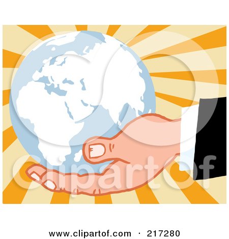 Royalty-Free (RF) Clipart Illustration of a Caucasian Hand Holding A Blue Globe On A Burst Background by Hit Toon