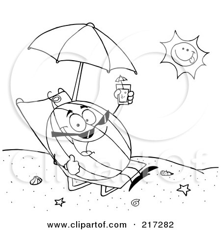 Royalty-Free (RF) Clipart Illustration of an Outlined Watermelon Holding Up A Beverage And Sun Bathing On The Coast by Hit Toon