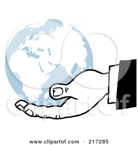 Royalty-Free (RF) Clipart Illustration of a Black And White Hand Holding A Blue Globe by Hit Toon