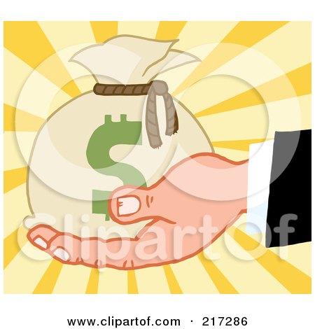 Royalty-Free (RF) Clipart Illustration of a Caucasian Hand Holding A Money Bag On A Burst Background by Hit Toon