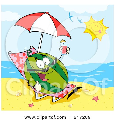Royalty-Free (RF) Clipart Illustration of a Happy Watermelon Holding Up A Beverage And Sun Bathing On A Beach by Hit Toon