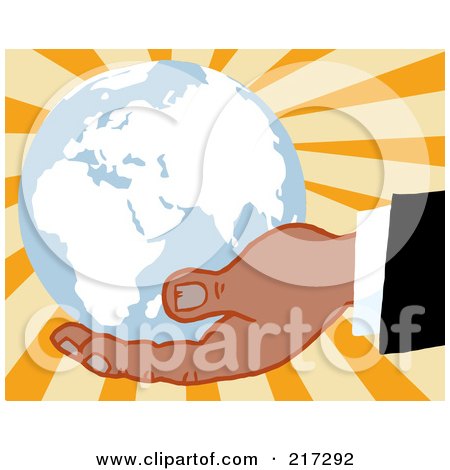 Royalty-Free (RF) Clipart Illustration of a Black Hand Holding A Blue Globe On A Burst Background by Hit Toon