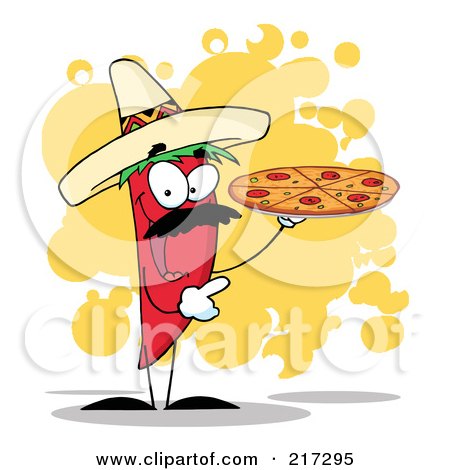 Royalty-Free (RF) Clipart Illustration of a Red Pepper Character Holding A Pizza Over Orange Splatters by Hit Toon