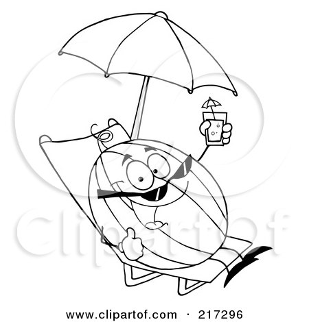 Royalty-Free (RF) Clipart Illustration of an Outlined Watermelon Holding Up A Beverage And Sun Bathing On A Beach by Hit Toon