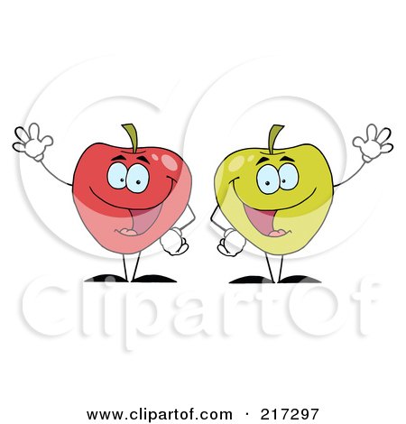 Royalty-Free (RF) Clipart Illustration of Two Apple Characters Waving by Hit Toon