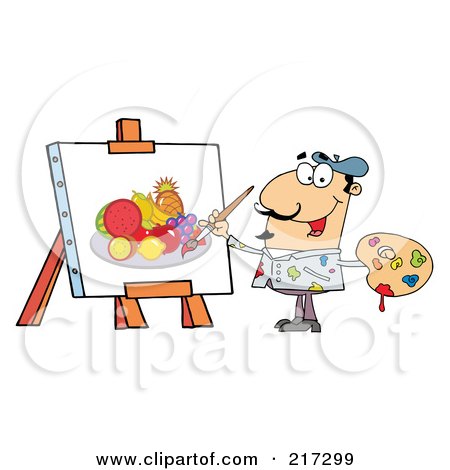 Royalty-Free (RF) Clipart Illustration of a Man Painting A Still Life Of Fruit On Canvas by Hit Toon