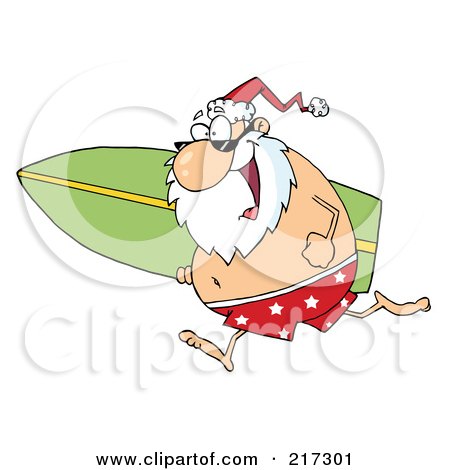 Royalty-Free (RF) Clipart Illustration of Santa In Shorts, Running With A Surfboard by Hit Toon