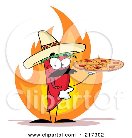 Royalty-Free (RF) Clipart Illustration of a Red Pepper Character Holding A Pizza Over Flames by Hit Toon