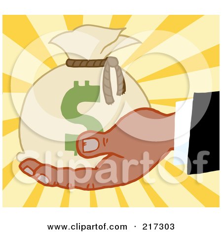 Royalty-Free (RF) Clipart Illustration of a Black Hand Holding A Money Bag On A Burst Background by Hit Toon