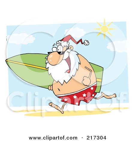 Royalty-Free (RF) Clipart Illustration of Santa Running On A Beach With A Surfboard by Hit Toon