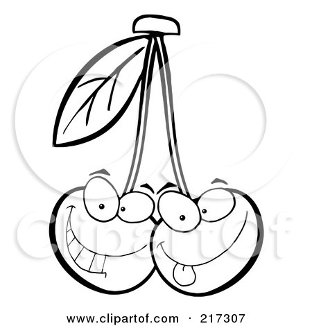 Royalty-Free (RF) Clipart Illustration of Two Outlined Cherry Characters Making Faces by Hit Toon