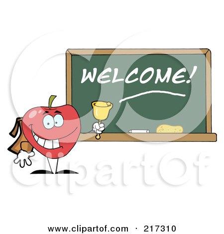 Royalty-Free (RF) Clipart Illustration of a School Apple Ringing A Bell By A Welcome Chalk Board by Hit Toon
