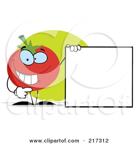 Royalty-Free (RF) Clipart Illustration of a Tomato Character Holding A Blank Sign With One Hand by Hit Toon