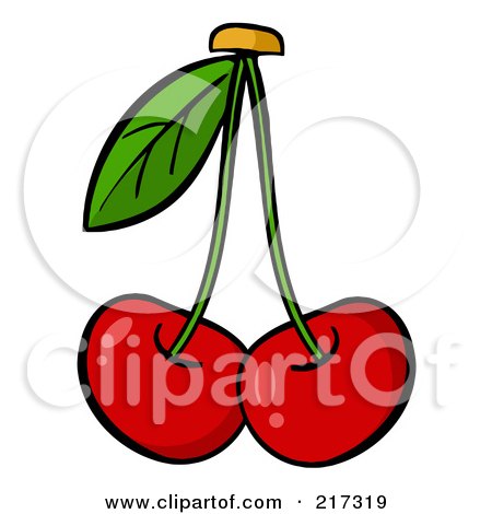 Royalty-Free (RF) Clipart Illustration of Two Cherries On Stems With A Leaf by Hit Toon