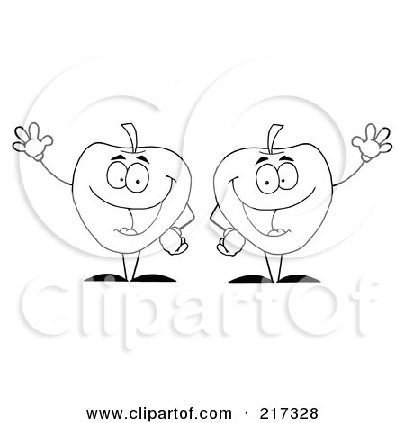 Royalty-Free (RF) Clipart Illustration of Two Outlined Apple Characters Waving by Hit Toon