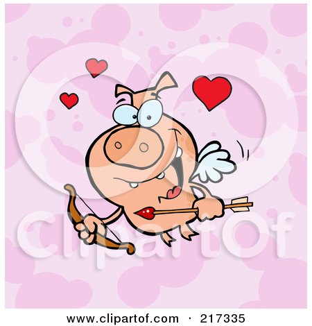 Royalty-Free (RF) Clipart Illustration of a Cupid Pig On A Pink Heart Patterned Background by Hit Toon
