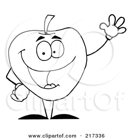 Royalty-Free (RF) Clipart Illustration of an Outlined Friendly Apple Character Waving by Hit Toon