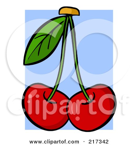 Royalty-Free (RF) Clipart Illustration of Two Red Cherries On Stems With A Leaf by Hit Toon
