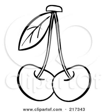 Royalty-Free (RF) Clipart Illustration of Two Outlined Cherries On Stems With A Leaf by Hit Toon