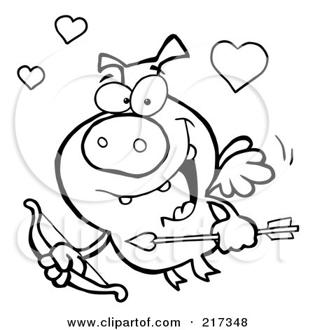 Royalty-Free (RF) Clipart Illustration of a Black And White Coloring Page Outline Of A Cupid Piggy by Hit Toon