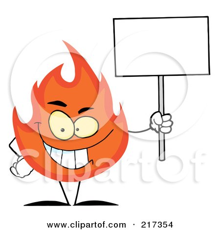 Royalty-Free (RF) Clipart Illustration of a Grinning Flame Character Holding A Blank Sign by Hit Toon