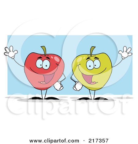 Royalty-Free (RF) Clipart Illustration of Red And Green Apple Characters Waving by Hit Toon