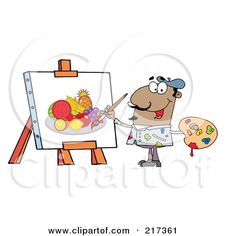 Royalty-Free (RF) Clipart Illustration of a Black Man Painting A Still Life Of Fruit On Canvas by Hit Toon